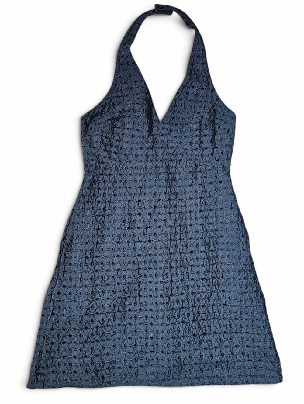A New Day Romantic Black Eyelet Halter Mini Dress Smocked Fit & Flare, Size XS